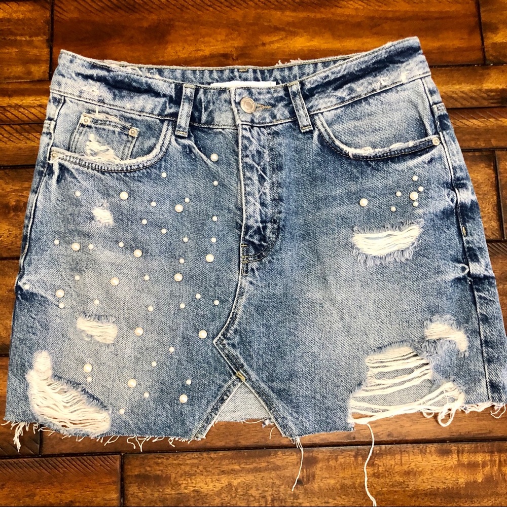 Zara Embellished Distressed Denim Skirt M